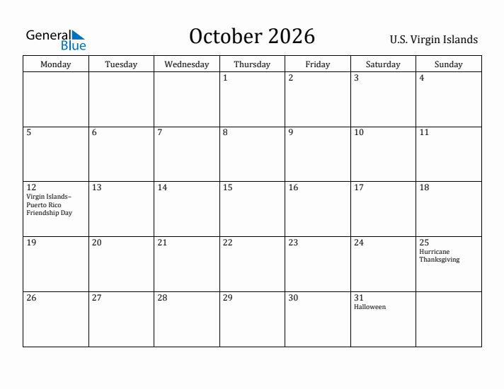 October 2026 Calendar U.S. Virgin Islands