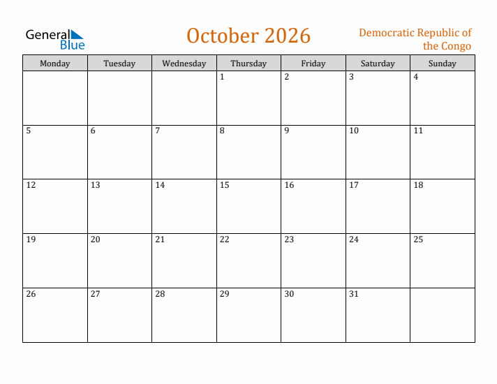 October 2026 Holiday Calendar with Monday Start