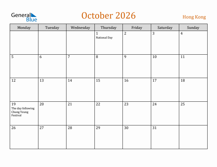 October 2026 Holiday Calendar with Monday Start