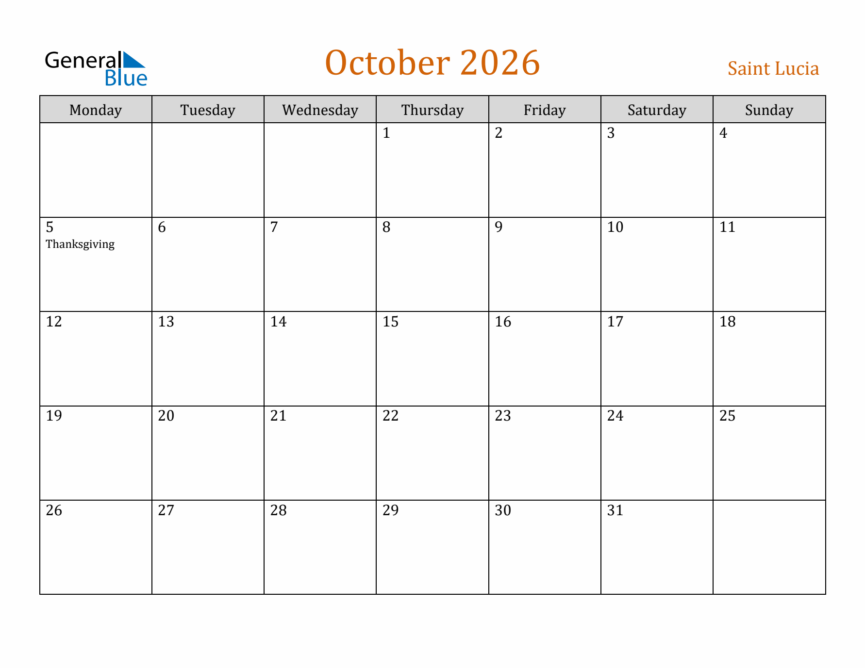 October 2026 Holiday Calendar with Monday Start