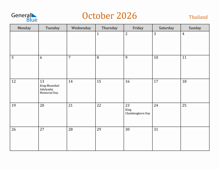 October 2026 Holiday Calendar with Monday Start