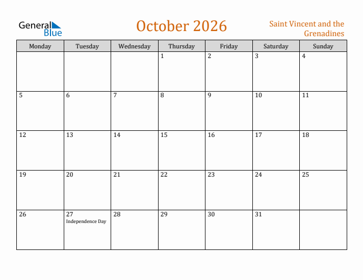 October 2026 Holiday Calendar with Monday Start