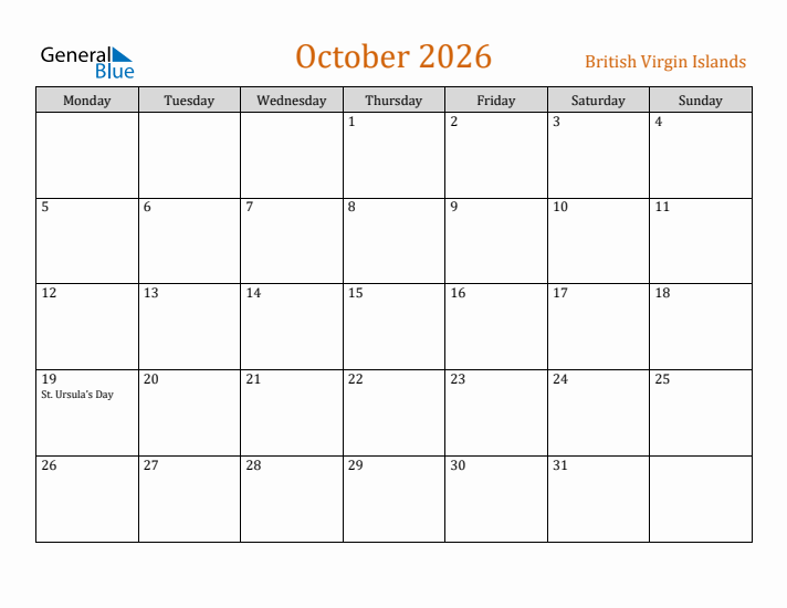 October 2026 Holiday Calendar with Monday Start