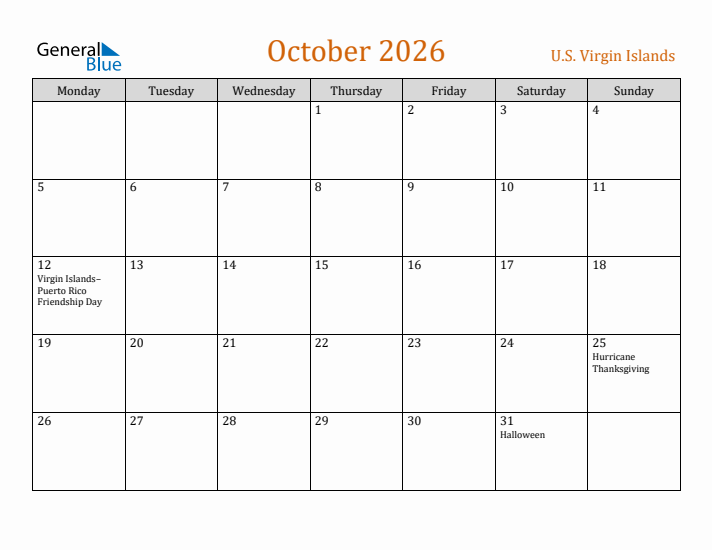 October 2026 Holiday Calendar with Monday Start