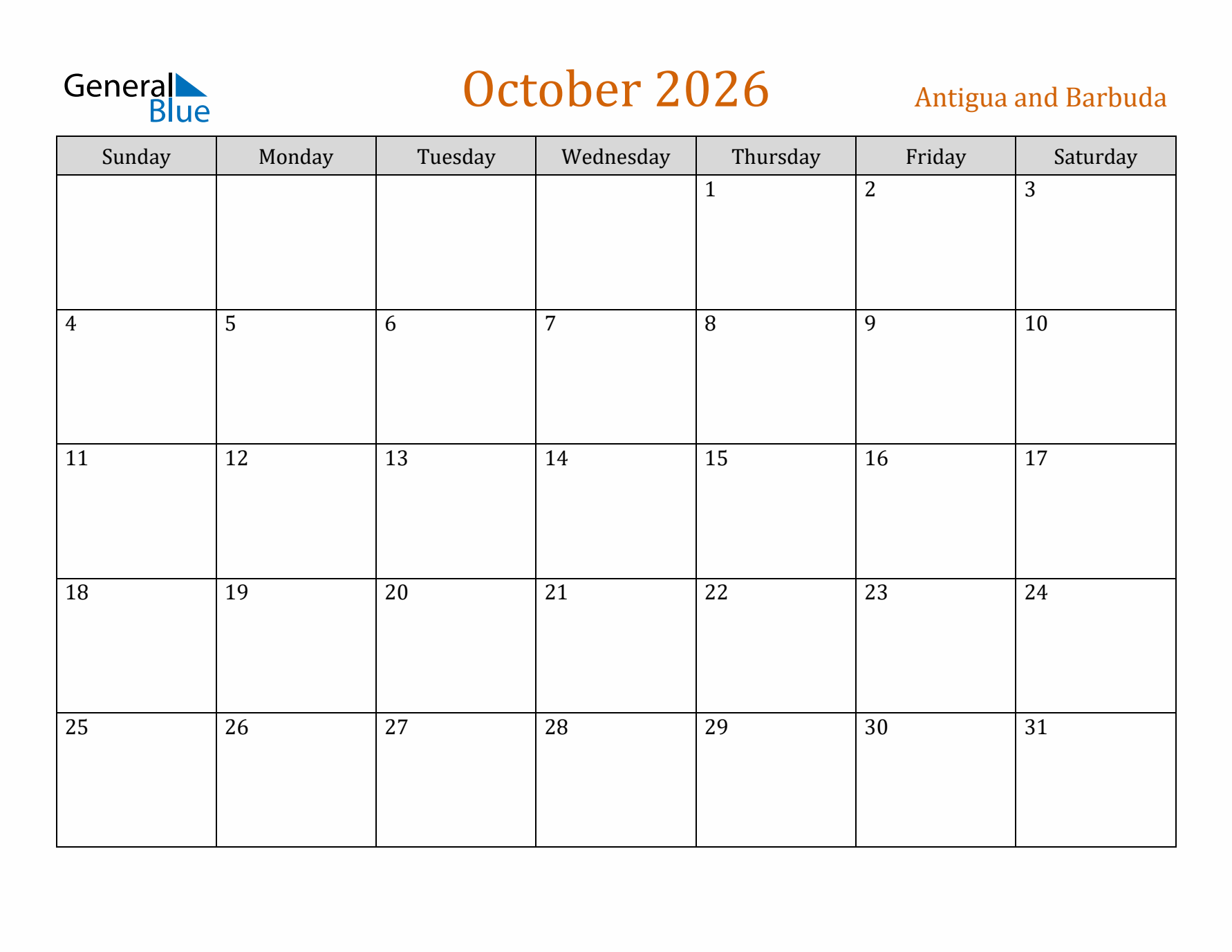 October 2026 Holiday Calendar with Sunday Start