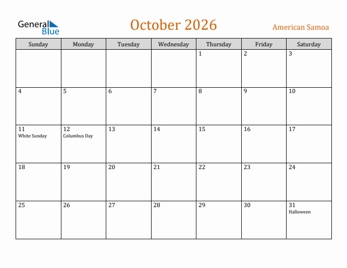 October 2026 Holiday Calendar with Sunday Start