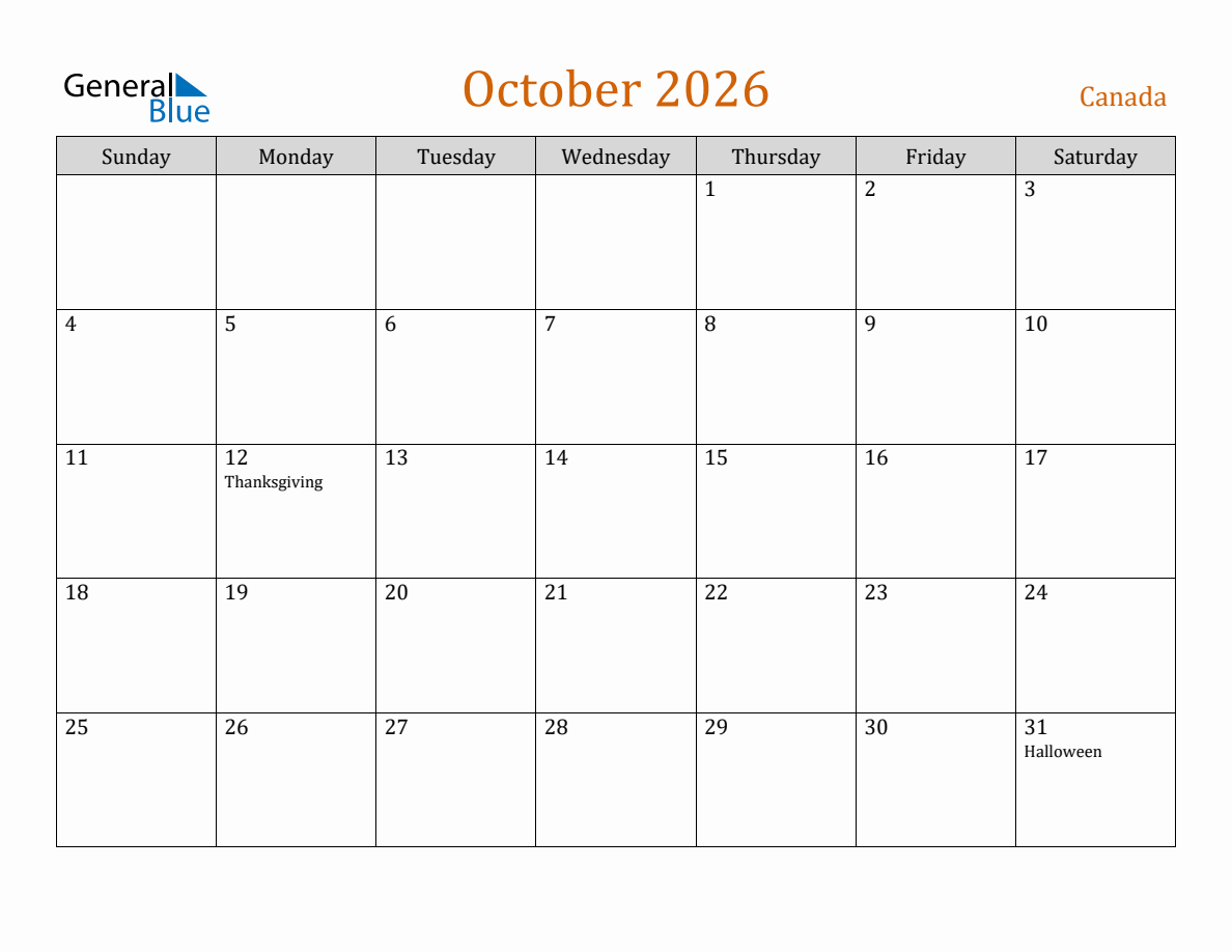 Free October 2026 Canada Calendar