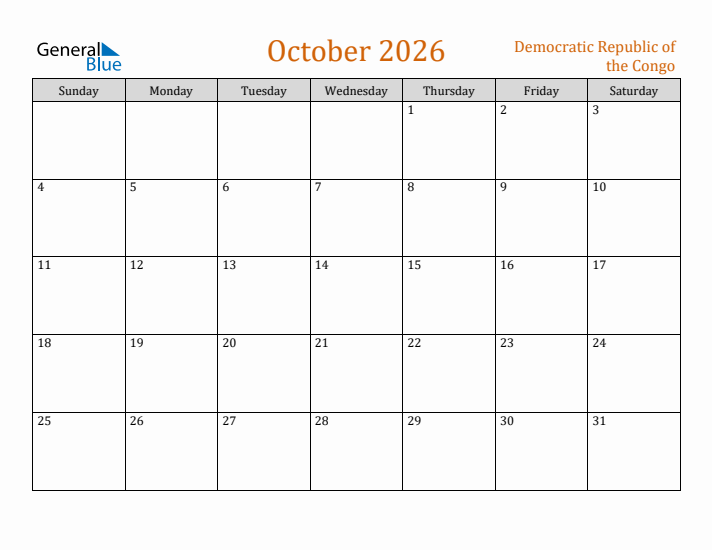 October 2026 Holiday Calendar with Sunday Start