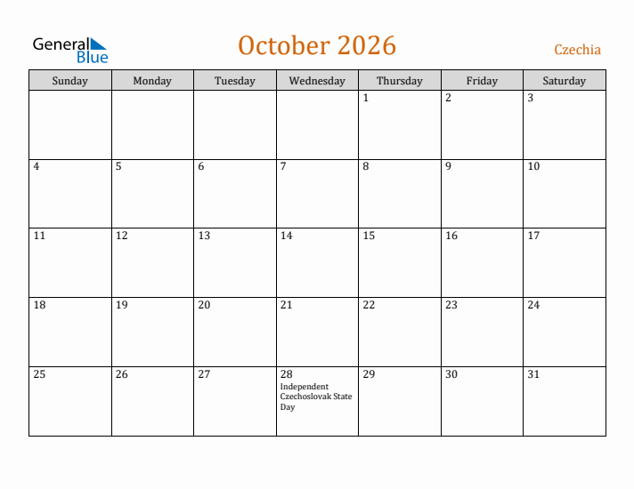 October 2026 Holiday Calendar with Sunday Start