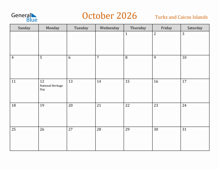October 2026 Holiday Calendar with Sunday Start
