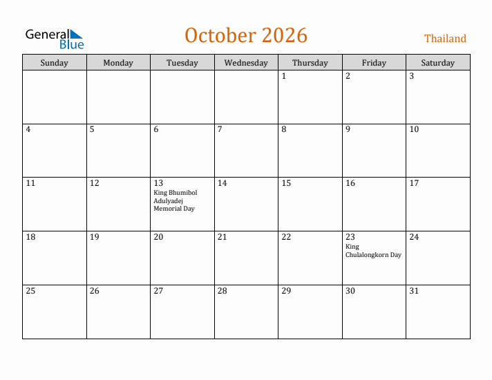 October 2026 Holiday Calendar with Sunday Start