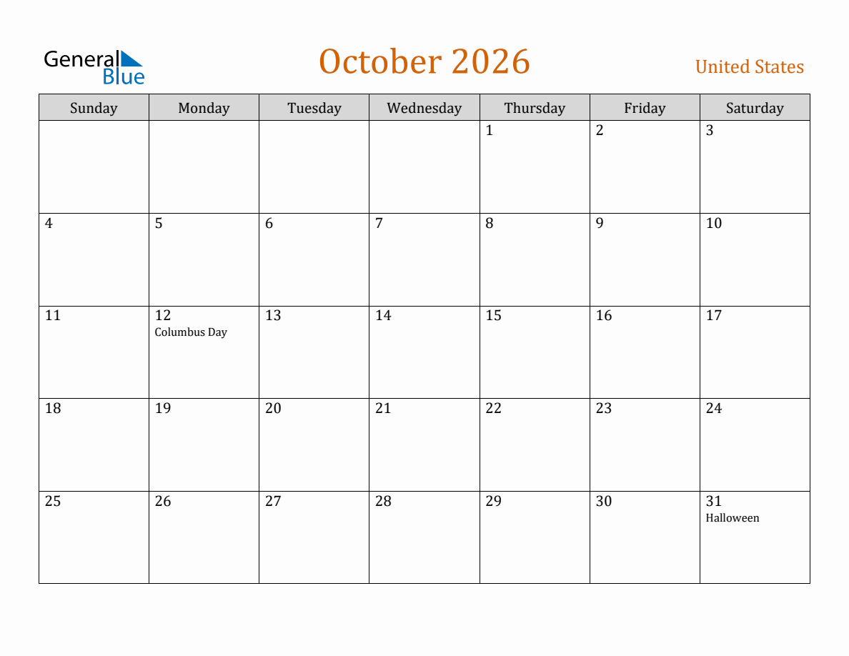 Free October 2026 United States Calendar
