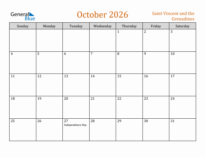 October 2026 Holiday Calendar with Sunday Start