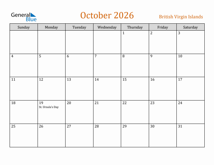 October 2026 Holiday Calendar with Sunday Start