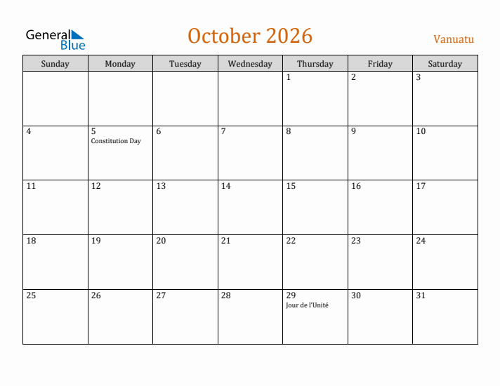 October 2026 Holiday Calendar with Sunday Start