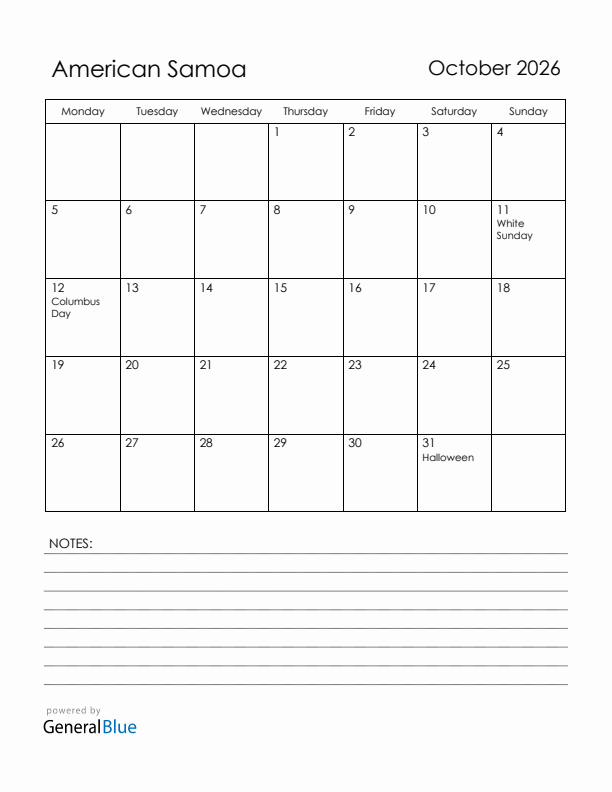 October 2026 American Samoa Calendar with Holidays (Monday Start)