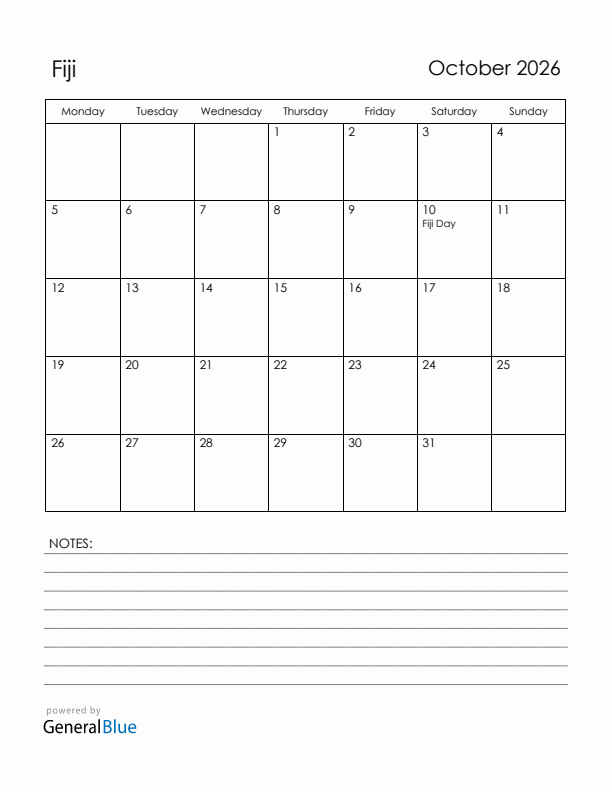 October 2026 Fiji Calendar with Holidays (Monday Start)