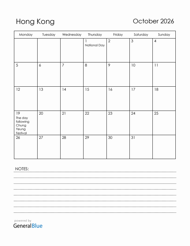 October 2026 Hong Kong Calendar with Holidays (Monday Start)
