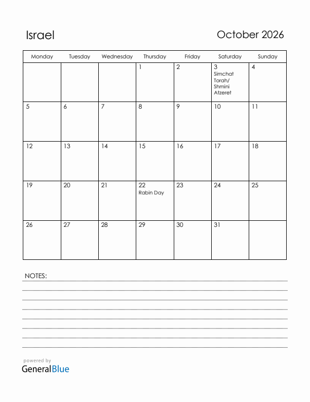 October 2026 Israel Calendar with Holidays (Monday Start)