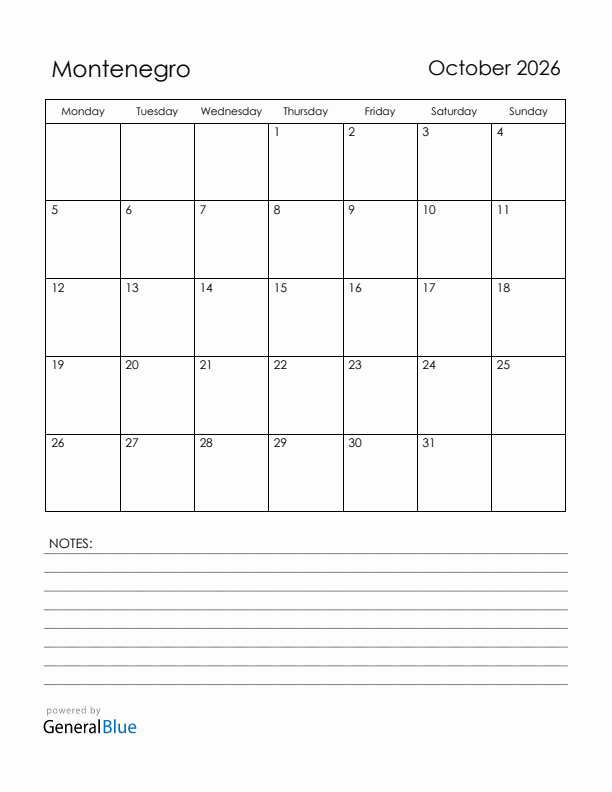 October 2026 Montenegro Calendar with Holidays (Monday Start)