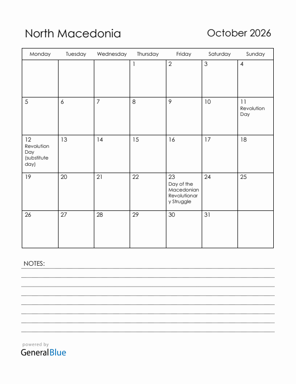 October 2026 North Macedonia Calendar with Holidays (Monday Start)