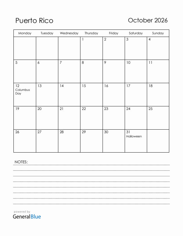 October 2026 Puerto Rico Calendar with Holidays (Monday Start)