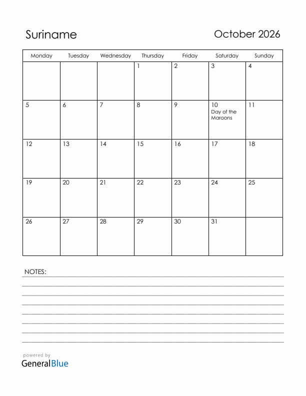 October 2026 Suriname Calendar with Holidays (Monday Start)