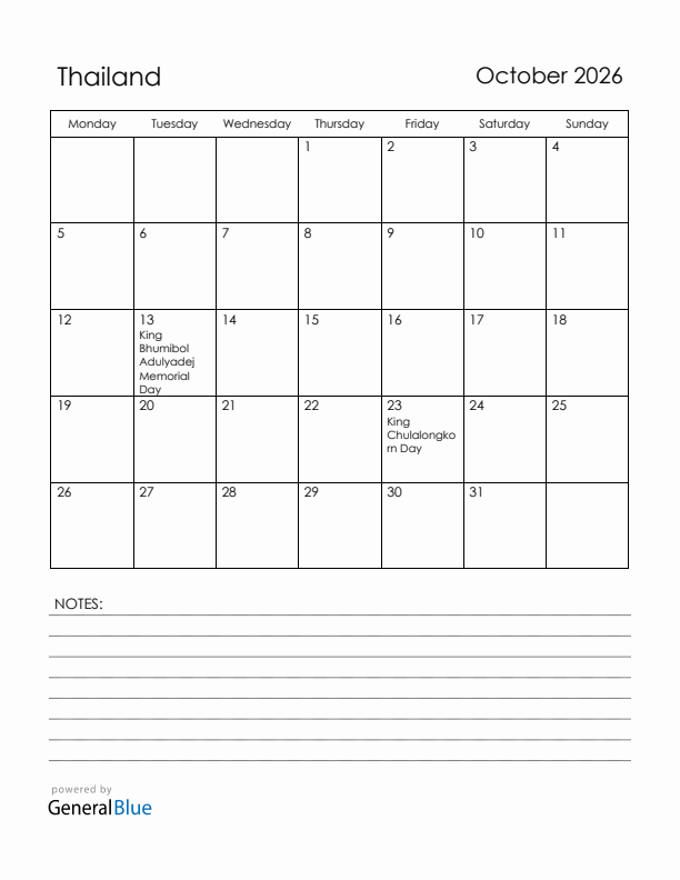 October 2026 Thailand Calendar with Holidays (Monday Start)