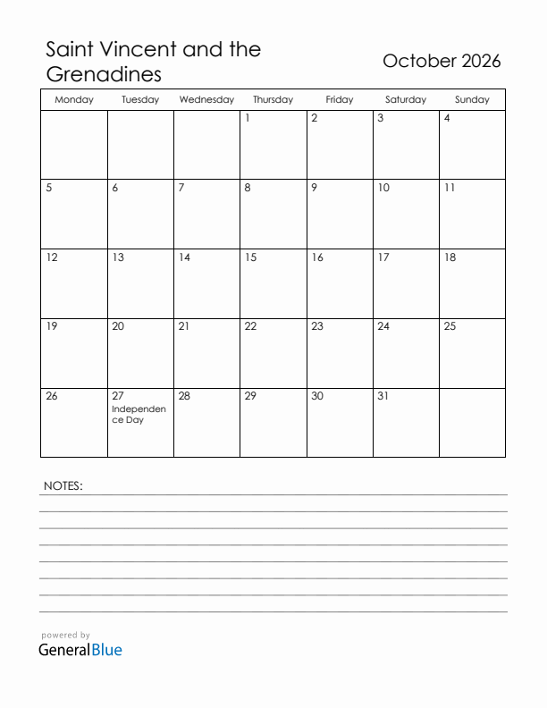 October 2026 Saint Vincent and the Grenadines Calendar with Holidays (Monday Start)