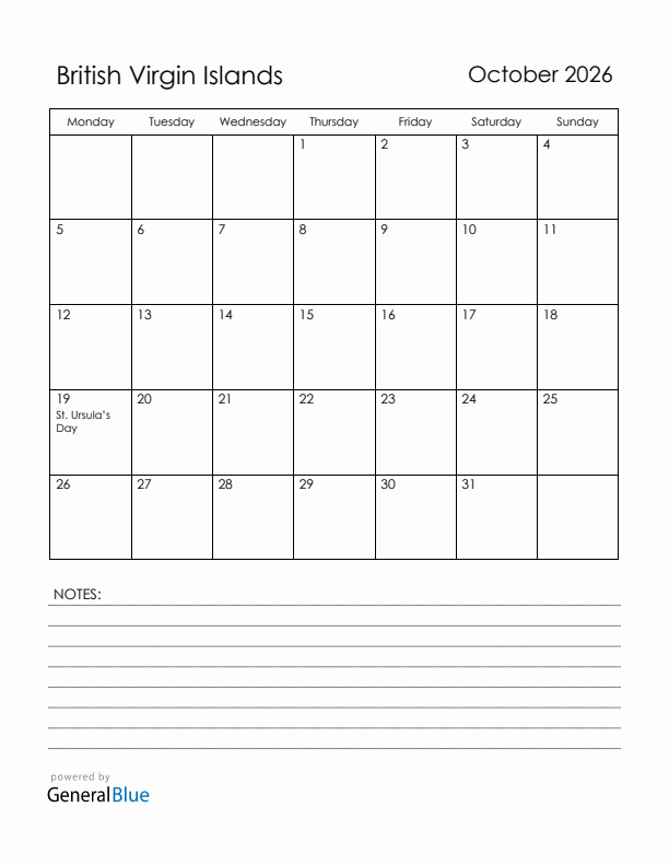 October 2026 British Virgin Islands Calendar with Holidays (Monday Start)