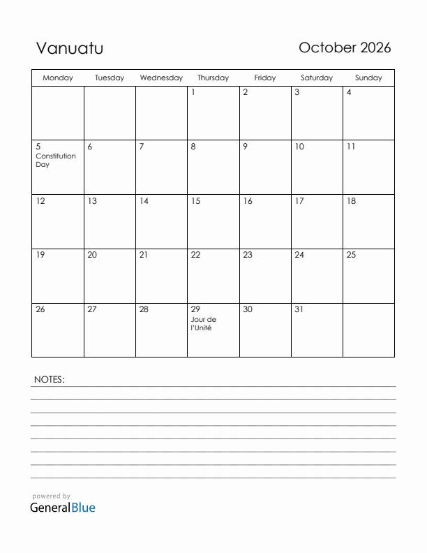October 2026 Vanuatu Calendar with Holidays (Monday Start)