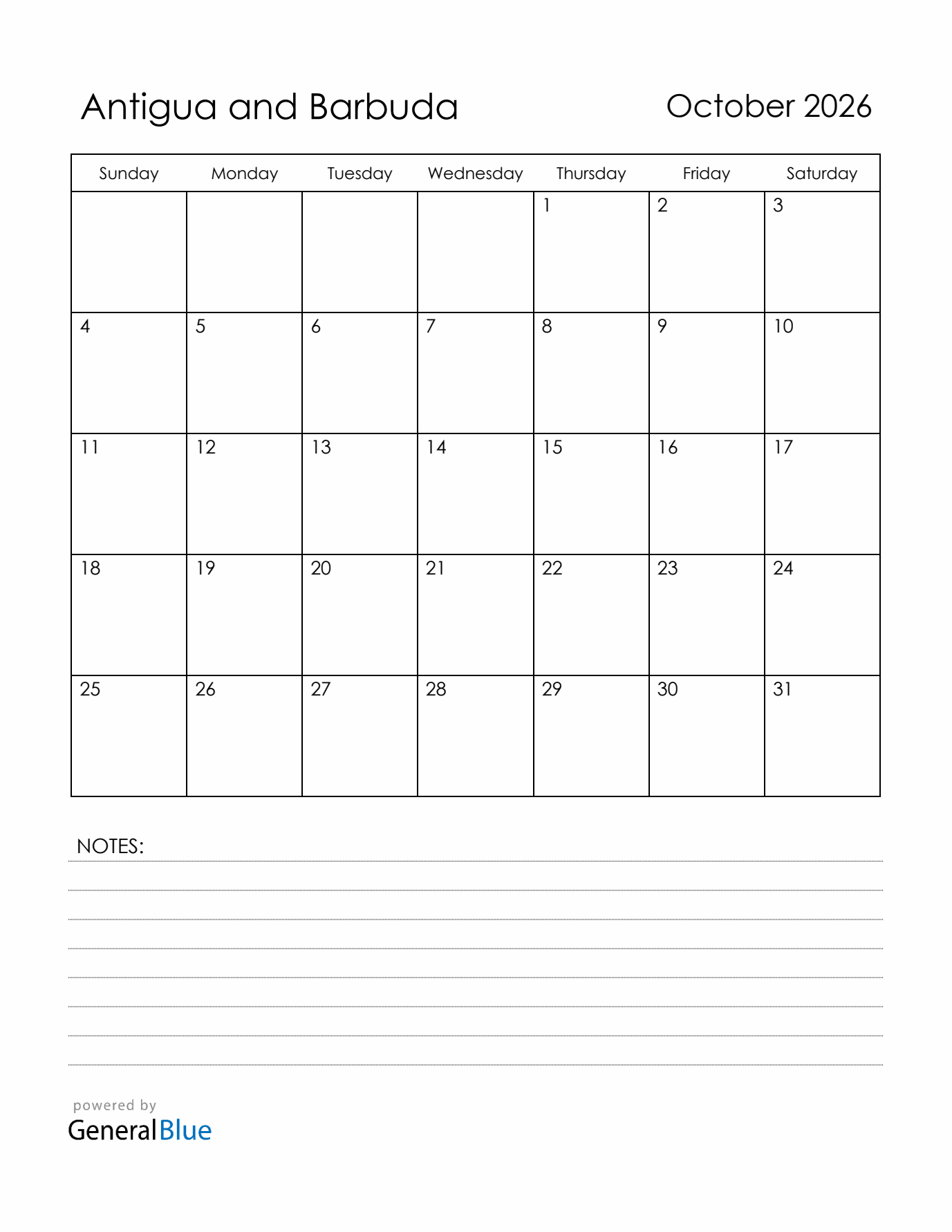 October 2026 Antigua and Barbuda Calendar with Holidays (Sunday Start)