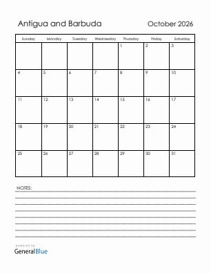 Current month calendar with Antigua and Barbuda holidays for October 2026
