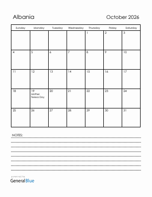 Current month calendar with Albania holidays for October 2026