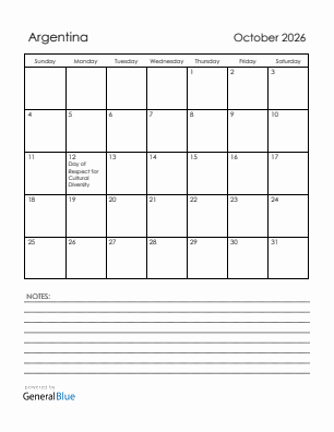 Current month calendar with Argentina holidays for October 2026