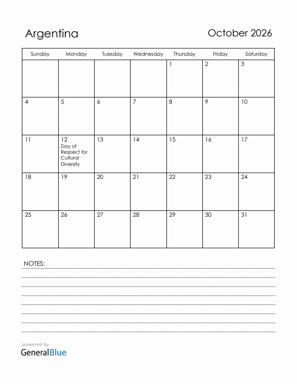 October 2026 Argentina Calendar with Holidays (Sunday Start)