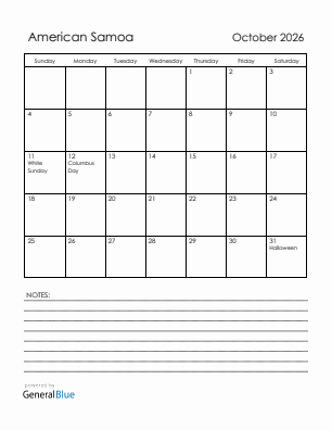 Current month calendar with American Samoa holidays for October 2026