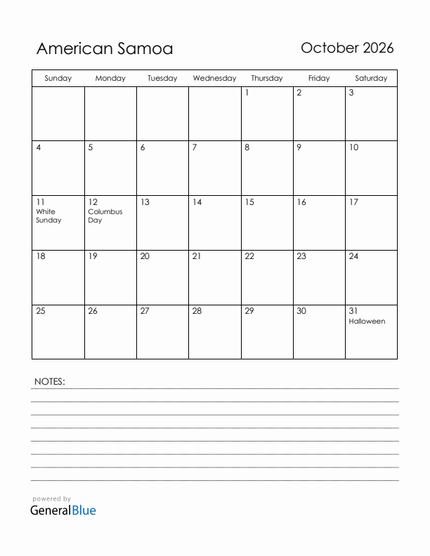 October 2026 American Samoa Calendar with Holidays (Sunday Start)