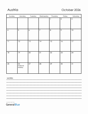 Current month calendar with Austria holidays for October 2026