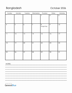 Current month calendar with Bangladesh holidays for October 2026