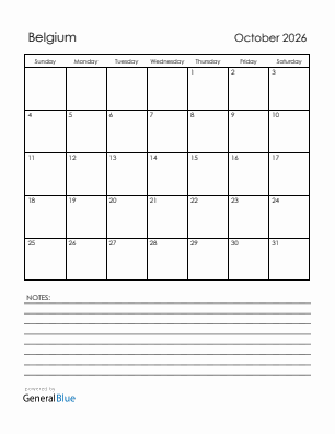 Current month calendar with Belgium holidays for October 2026