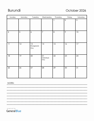 Current month calendar with Burundi holidays for October 2026