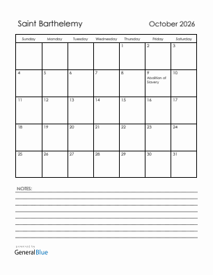 Current month calendar with Saint Barthelemy holidays for October 2026