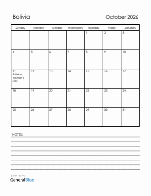Current month calendar with Bolivia holidays for October 2026