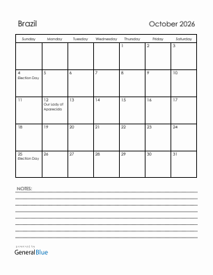 Current month calendar with Brazil holidays for October 2026