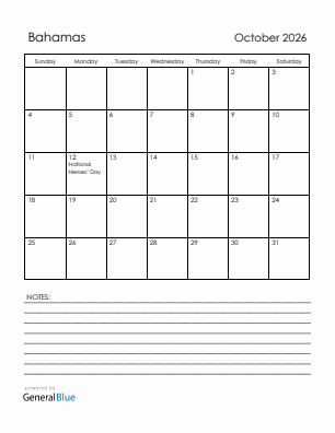 Current month calendar with Bahamas holidays for October 2026