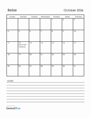 Current month calendar with Belize holidays for October 2026