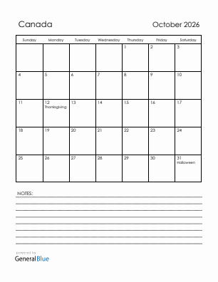 Current month calendar with Canada holidays for October 2026