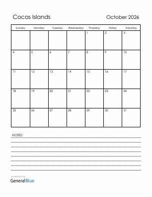 Current month calendar with Cocos Islands holidays for October 2026