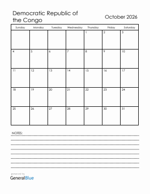 Current month calendar with Democratic Republic of the Congo holidays for October 2026
